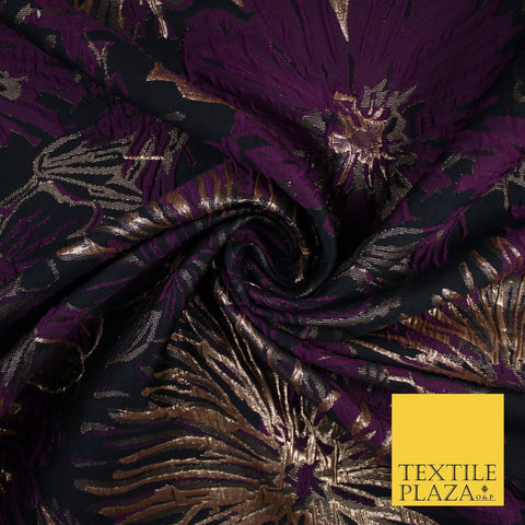 Jet Navy & Purple Metallic Wild Flower Textured Brocade Jacquard Fabric 58"10241