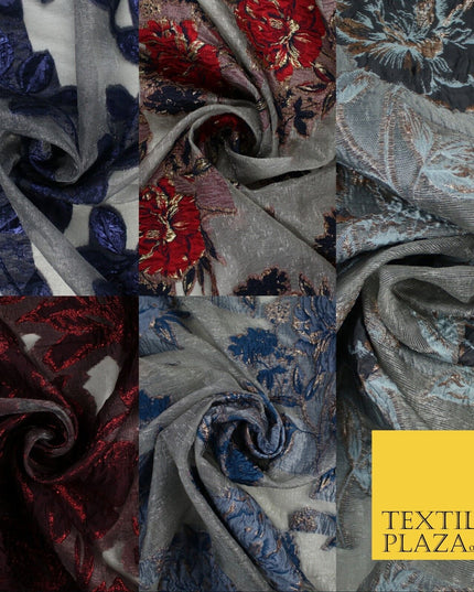 5 Designs - Grey Organza Base Large Flower Textured Brocade Jacquard Fabric 58"