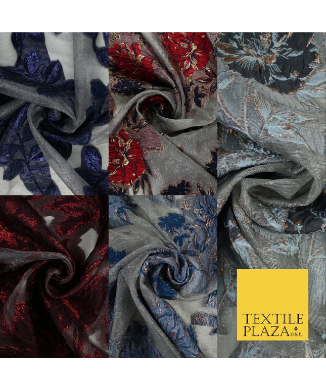 5 Designs - Grey Organza Base Large Flower Textured Brocade Jacquard Fabric 58"