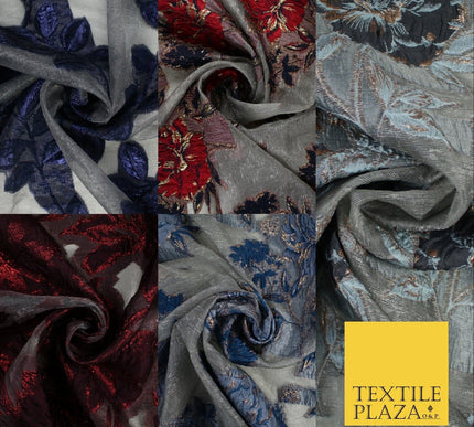 5 Designs - Grey Organza Base Large Flower Textured Brocade Jacquard Fabric 58"