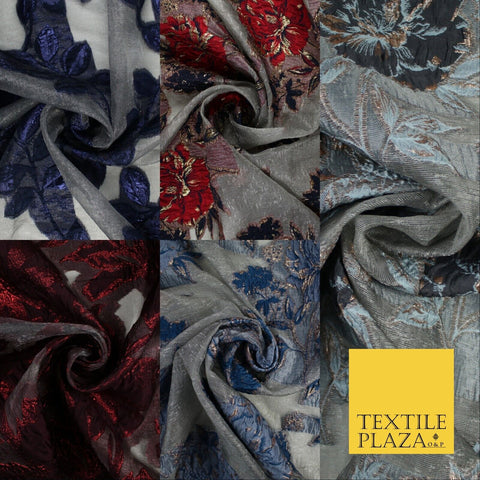 5 Designs - Grey Organza Base Large Flower Textured Brocade Jacquard Fabric 58"