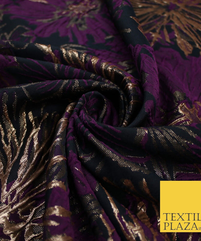 Jet Navy & Purple Metallic Wild Flower Textured Brocade Jacquard Fabric 58"10241