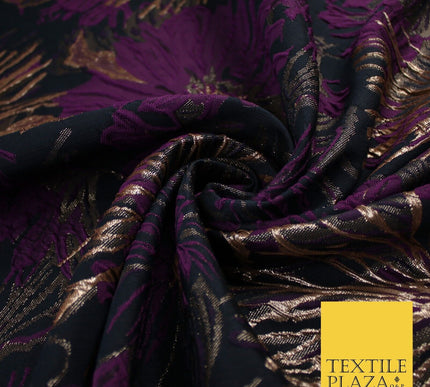 Jet Navy & Purple Metallic Wild Flower Textured Brocade Jacquard Fabric 58"10241
