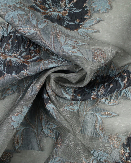 5 Designs - Grey Organza Base Large Flower Textured Brocade Jacquard Fabric 58"