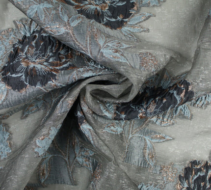 5 Designs - Grey Organza Base Large Flower Textured Brocade Jacquard Fabric 58"