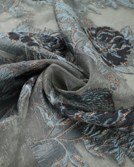 5 Designs - Grey Organza Base Large Flower Textured Brocade Jacquard Fabric 58"
