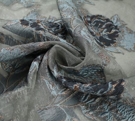 5 Designs - Grey Organza Base Large Flower Textured Brocade Jacquard Fabric 58"