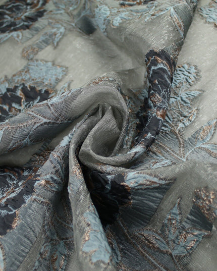 5 Designs - Grey Organza Base Large Flower Textured Brocade Jacquard Fabric 58"