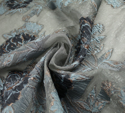 5 Designs - Grey Organza Base Large Flower Textured Brocade Jacquard Fabric 58"