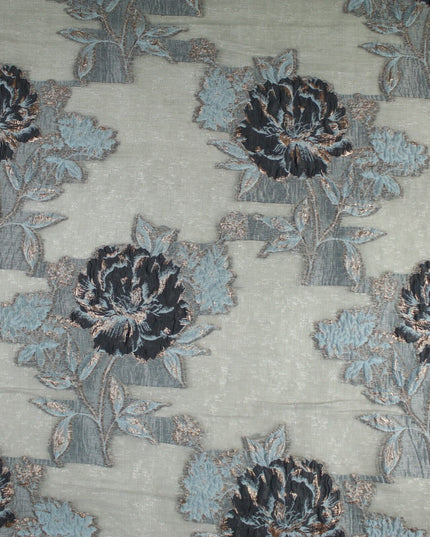 5 Designs - Grey Organza Base Large Flower Textured Brocade Jacquard Fabric 58"