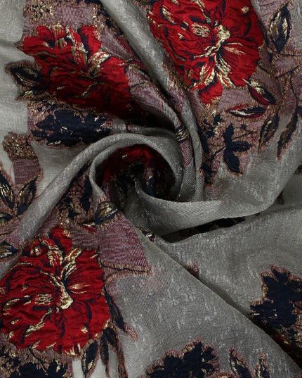 5 Designs - Grey Organza Base Large Flower Textured Brocade Jacquard Fabric 58"