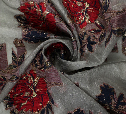 5 Designs - Grey Organza Base Large Flower Textured Brocade Jacquard Fabric 58"