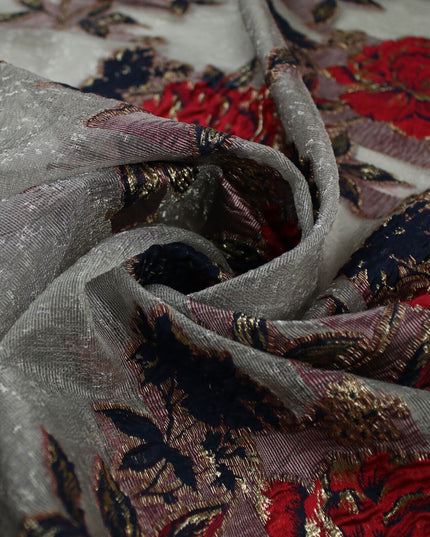 5 Designs - Grey Organza Base Large Flower Textured Brocade Jacquard Fabric 58"