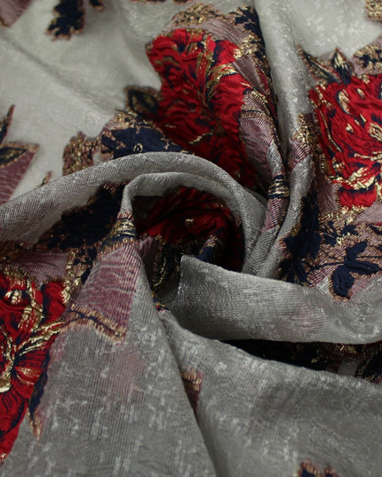 5 Designs - Grey Organza Base Large Flower Textured Brocade Jacquard Fabric 58"