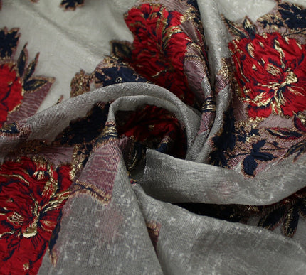 5 Designs - Grey Organza Base Large Flower Textured Brocade Jacquard Fabric 58"