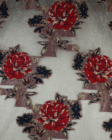 5 Designs - Grey Organza Base Large Flower Textured Brocade Jacquard Fabric 58"