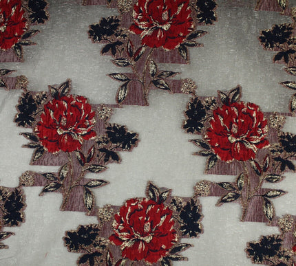 5 Designs - Grey Organza Base Large Flower Textured Brocade Jacquard Fabric 58"