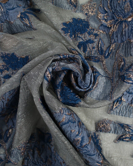 5 Designs - Grey Organza Base Large Flower Textured Brocade Jacquard Fabric 58"
