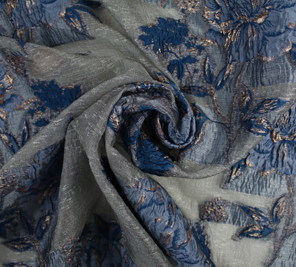 5 Designs - Grey Organza Base Large Flower Textured Brocade Jacquard Fabric 58"