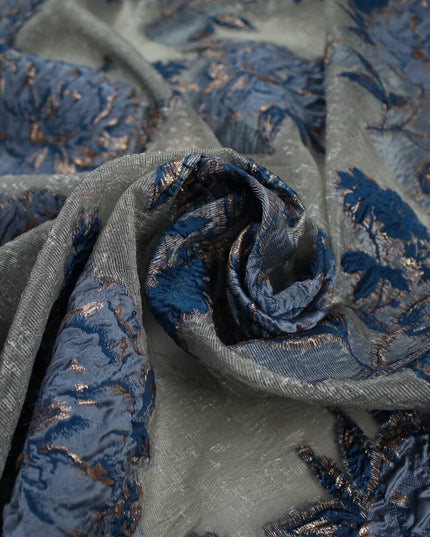 5 Designs - Grey Organza Base Large Flower Textured Brocade Jacquard Fabric 58"