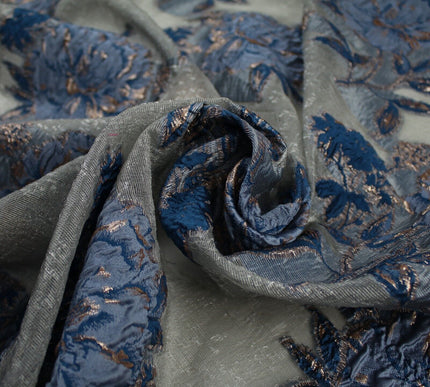 5 Designs - Grey Organza Base Large Flower Textured Brocade Jacquard Fabric 58"