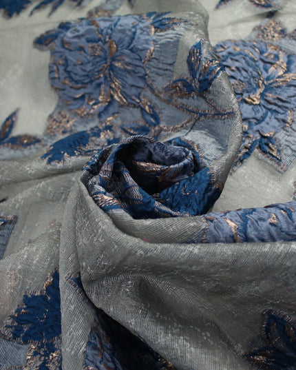 5 Designs - Grey Organza Base Large Flower Textured Brocade Jacquard Fabric 58"