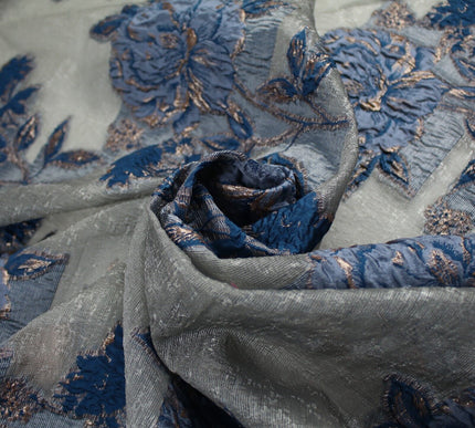 5 Designs - Grey Organza Base Large Flower Textured Brocade Jacquard Fabric 58"