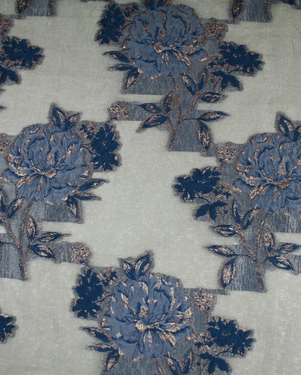 5 Designs - Grey Organza Base Large Flower Textured Brocade Jacquard Fabric 58"