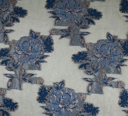5 Designs - Grey Organza Base Large Flower Textured Brocade Jacquard Fabric 58"