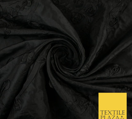 Black Ribbon Applique 3D Embroidered TAFFETA Fabric Dress Material 56" 10376