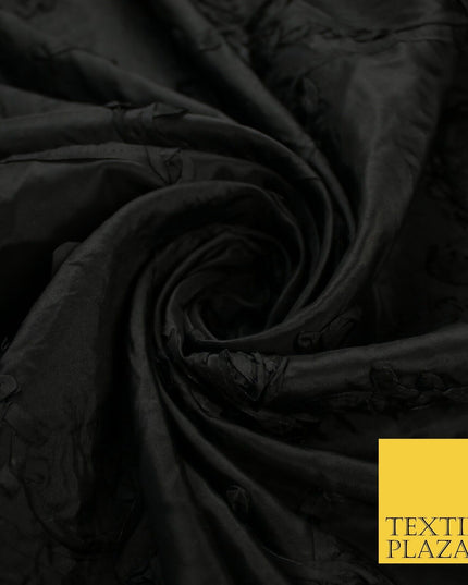 Black Ribbon Applique 3D Embroidered TAFFETA Fabric Dress Material 56" 10376