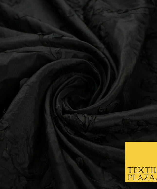 Black Ribbon Applique 3D Embroidered TAFFETA Fabric Dress Material 56" 10376