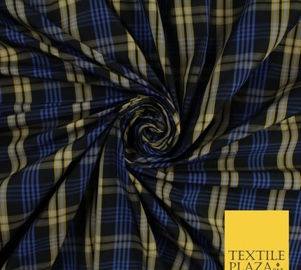 Blue, Black & Yellow Faux Silk Taffeta Check Tartan Dress Fabric 59" 10357