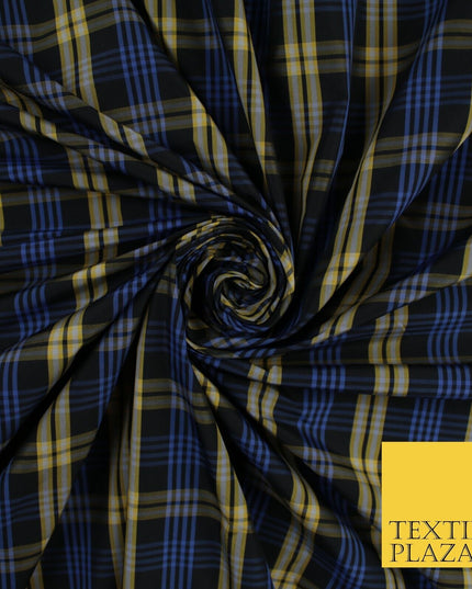 Blue, Black & Yellow Faux Silk Taffeta Check Tartan Dress Fabric 59" 10357