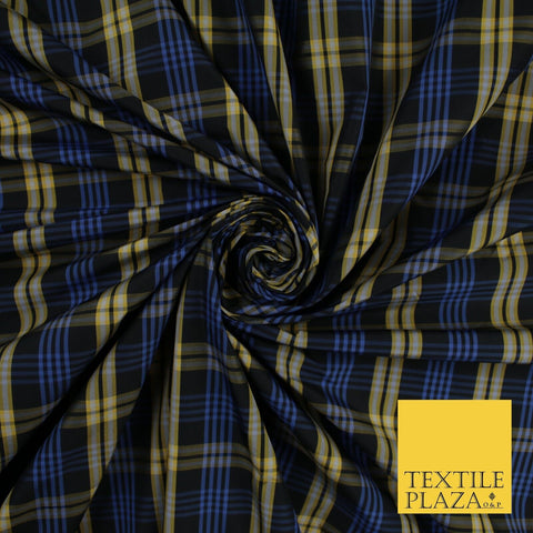 Blue, Black & Yellow Faux Silk Taffeta Check Tartan Dress Fabric 59" 10357
