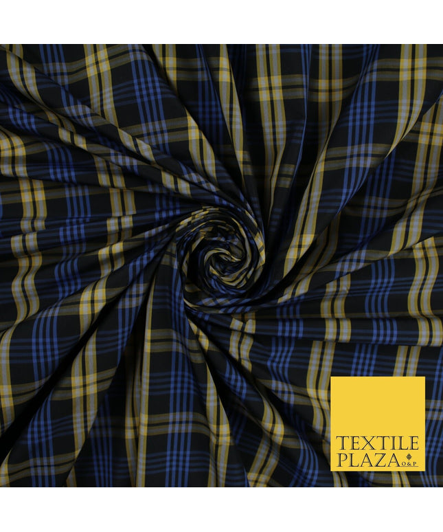 Blue, Black & Yellow Faux Silk Taffeta Check Tartan Dress Fabric 59" 10357