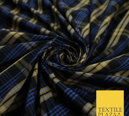 Blue, Black & Yellow Faux Silk Taffeta Check Tartan Dress Fabric 59" 10357
