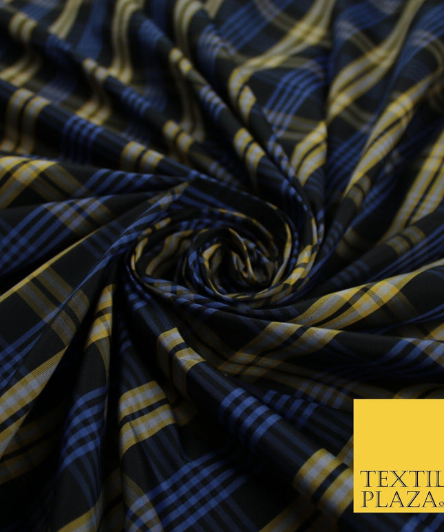 Blue, Black & Yellow Faux Silk Taffeta Check Tartan Dress Fabric 59" 10357