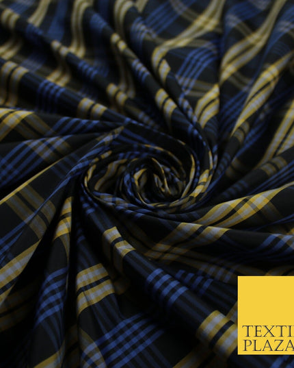 Blue, Black & Yellow Faux Silk Taffeta Check Tartan Dress Fabric 59" 10357