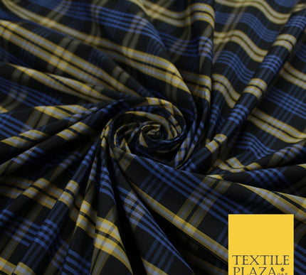 Blue, Black & Yellow Faux Silk Taffeta Check Tartan Dress Fabric 59" 10357