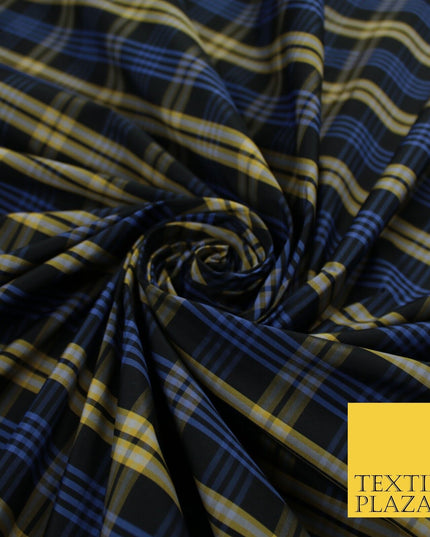 Blue, Black & Yellow Faux Silk Taffeta Check Tartan Dress Fabric 59" 10357