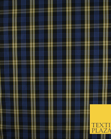 Blue, Black & Yellow Faux Silk Taffeta Check Tartan Dress Fabric 59" 10357