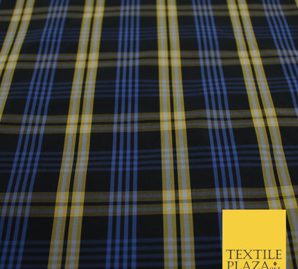 Blue, Black & Yellow Faux Silk Taffeta Check Tartan Dress Fabric 59" 10357