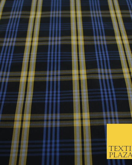 Blue, Black & Yellow Faux Silk Taffeta Check Tartan Dress Fabric 59" 10357