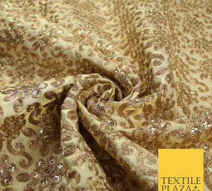 Gold Flower Design Embroidered Faux Taffeta Silk Dress Fabric Upholstery 42"