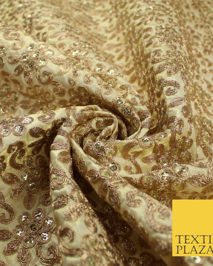 Gold Flower Design Embroidered Faux Taffeta Silk Dress Fabric Upholstery 42"