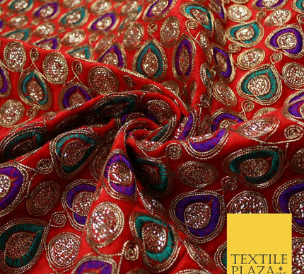 Ornate Leaf Design Embroidered Faux Taffeta Silk Dress Fabric Upholstery 42"