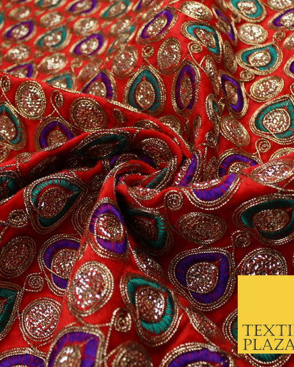 Ornate Leaf Design Embroidered Faux Taffeta Silk Dress Fabric Upholstery 42"