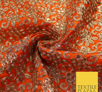 Gold Flower Design Embroidered Faux Taffeta Silk Dress Fabric Upholstery 42"