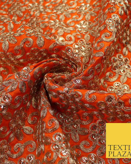 Gold Flower Design Embroidered Faux Taffeta Silk Dress Fabric Upholstery 42"